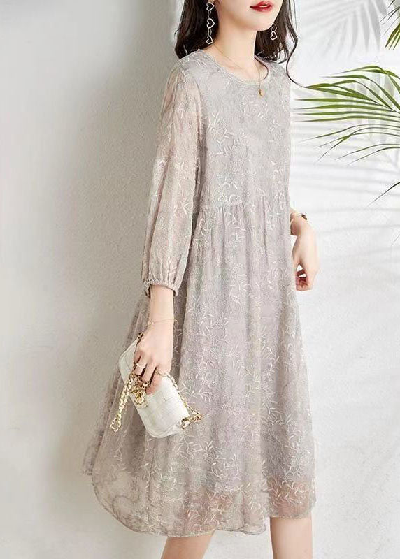 Fashion Light Grey Cinched Embroidered Chiffon Vacation Dresses Three Quarter sleeve