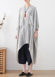 Fashion Light Grey Drawstring Asymmetrical Pockets Cotton Tops Batwing Sleeve