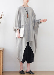 Fashion Light Grey Drawstring Asymmetrical Pockets Cotton Tops Batwing Sleeve