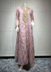 Fashion Light Purple Stand Collar Embroidered Floral Tulle Long Dress Fall