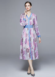 Fashion Light Purple V Neck Patchwork Print Cinch Dress Long Sleeve