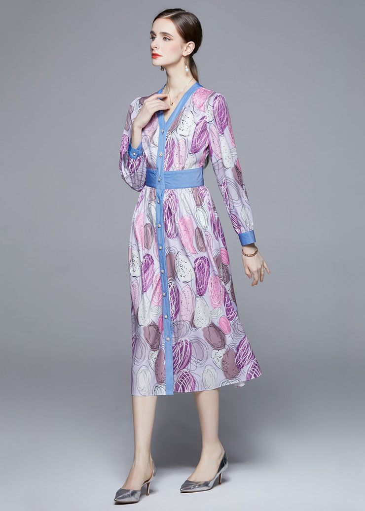 Fashion Light Purple V Neck Patchwork Print Cinch Dress Long Sleeve