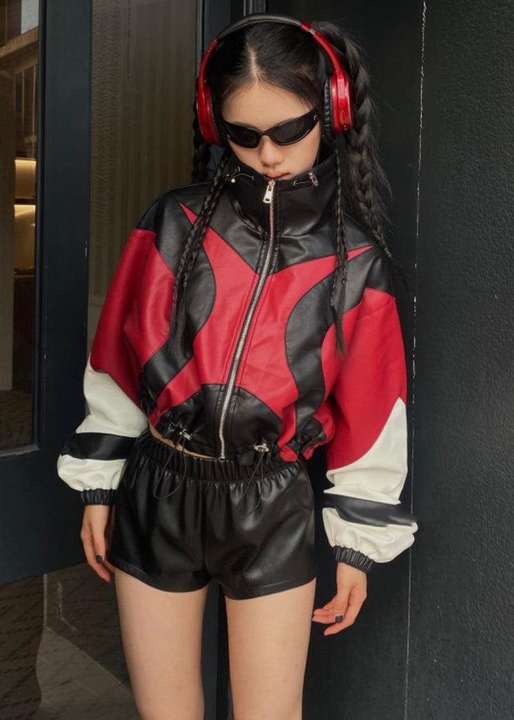 Fashion Loose Red Drawstring Patchwork Faux Leather Jacket Spring