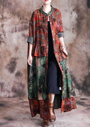 Fashion Loose fall red patchwork green print pockets coat for woman - SooLinen