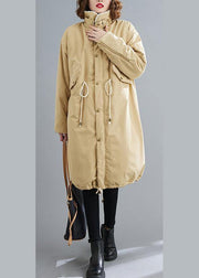 Fashion Loose fitting mid-length coats khaki Square Collar drawstring Woolen Coats - SooLinen