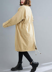Fashion Loose fitting mid-length coats khaki Square Collar drawstring Woolen Coats - SooLinen