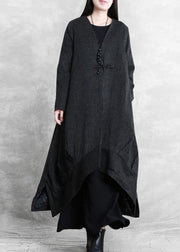 Fashion Loose fitting trench coat black striped v neck patchwork Woolen Coats Women - SooLinen