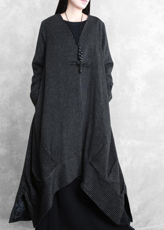 Fashion Loose fitting trench coat black striped v neck patchwork Woolen Coats Women - SooLinen