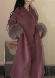 Fashion Lotus Root Pink Color O-Neck Woolen Maxi Coats Long Sleeve