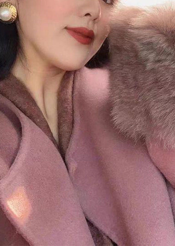 Fashion Lotus Root Pink Color O-Neck Woolen Maxi Coats Long Sleeve
