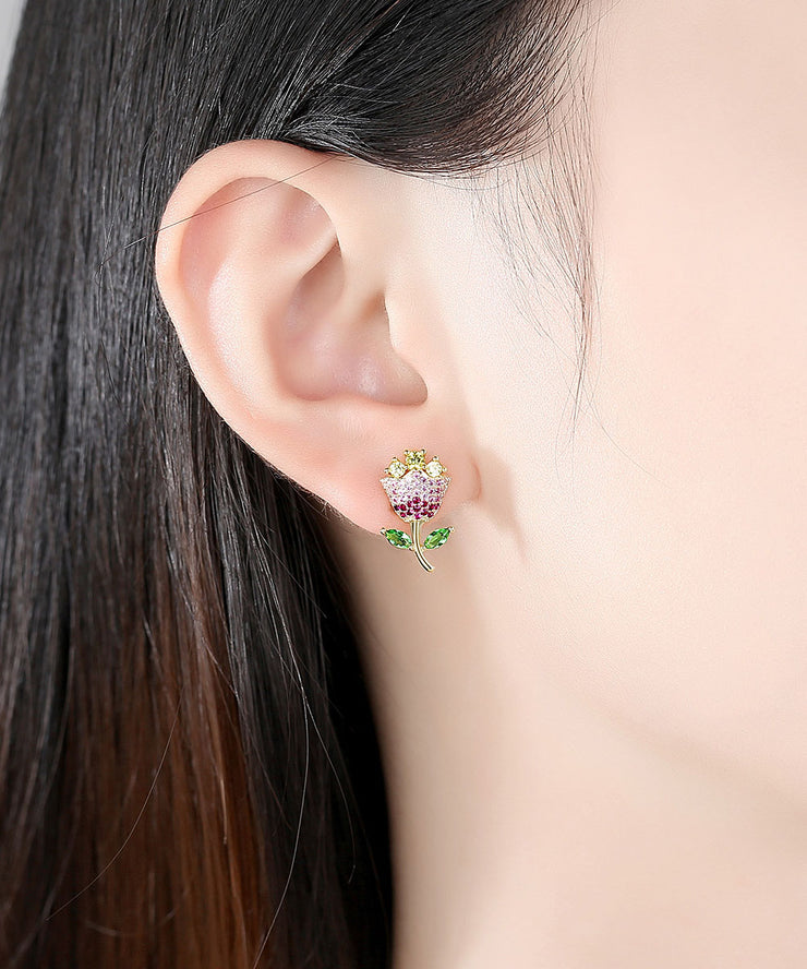 Fashion Multi Color Rose Zircon Copper Stud Earrings