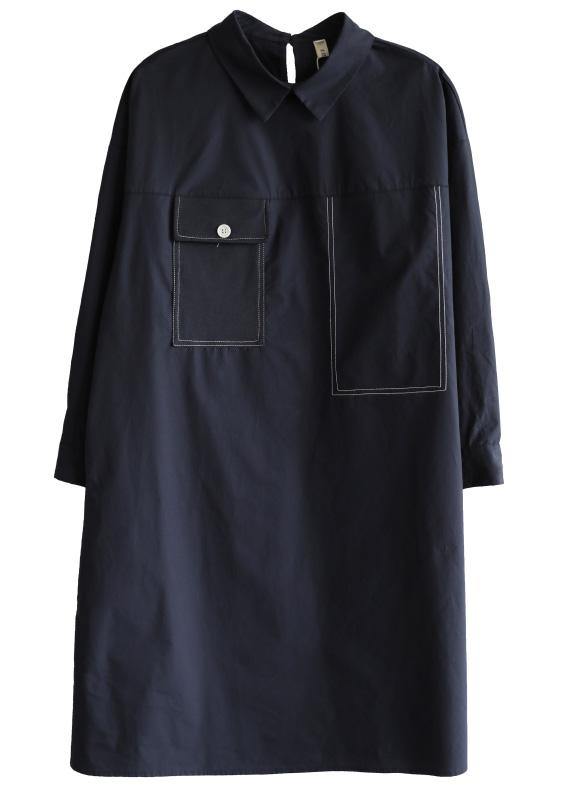 Fashion Navy Long Sleeve Peter Pan Collar Cotton Spring Dresses - SooLinen