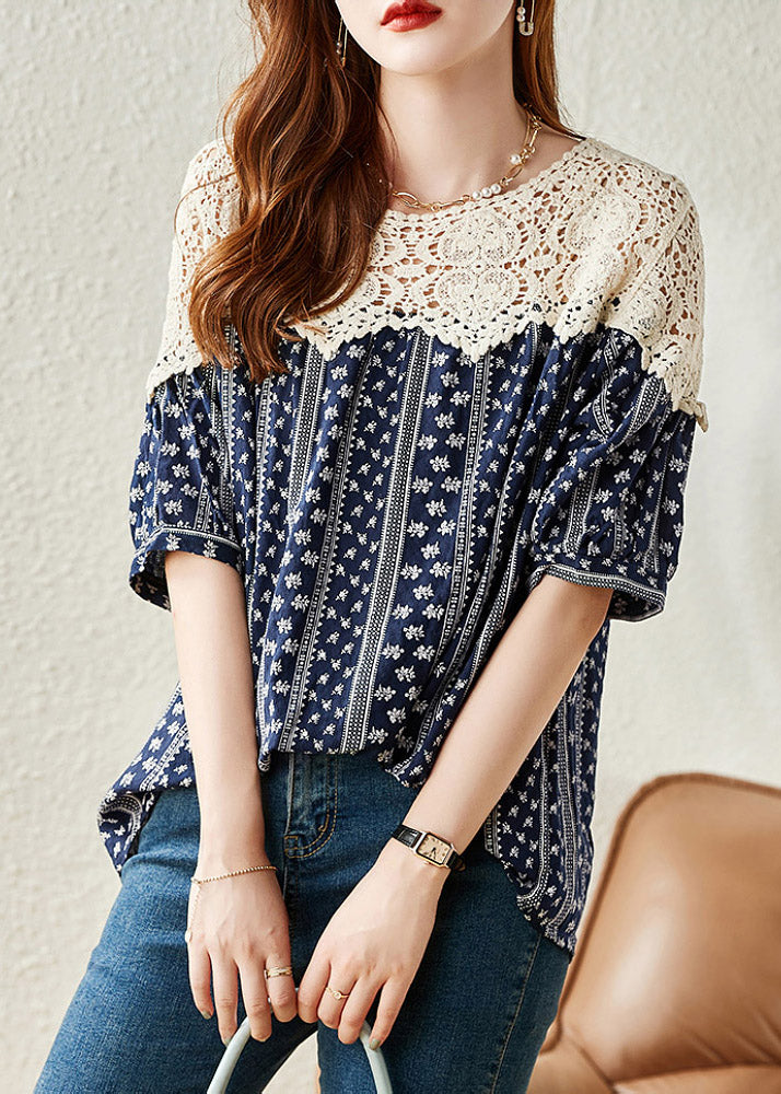 Fashion Navy O-Neck Print Lace Patchwork Shirt Summer