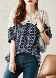 Fashion Navy O-Neck Print Lace Patchwork Shirt Summer