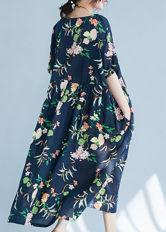 Fashion Navy O-Neck zippered Pocket Floral Print Dresses Short Sleeve