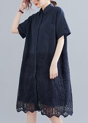 Fashion Navy Peter Pan Collar Button Lace Patchwork Hollow Out Shirt Dress Short Sleeve