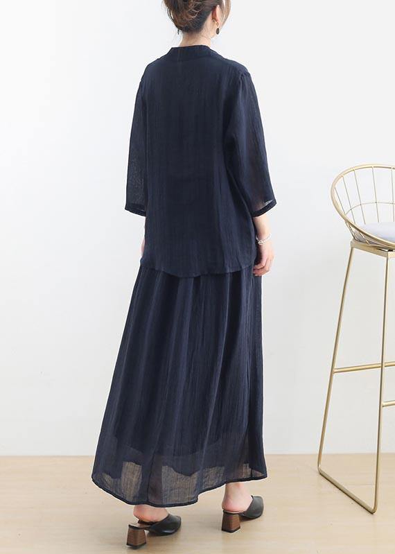 Birds Over The Clouds-Navy low high Linen Outfit Summer Shirt & Pants Two Pieces Set - SooLinen