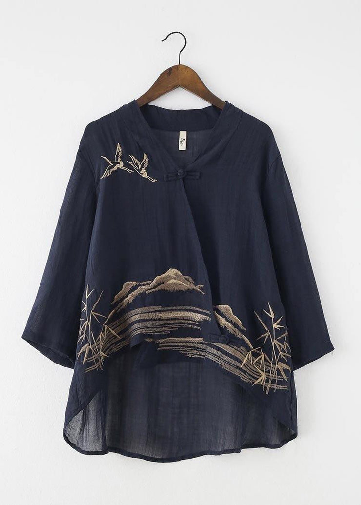 Birds Over The Clouds-Navy low high Linen Outfit Summer Shirt & Pants Two Pieces Set - SooLinen