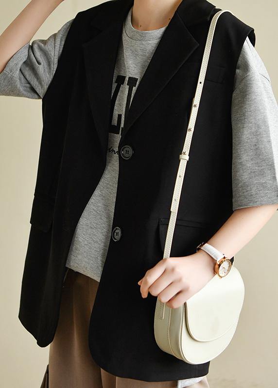 Fashion Notched black Sleeveless Shirt Top - SooLinen