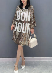 Fashion O-Neck Graphic Print Sequins Mid Dress Summer
