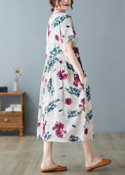 Fashion O-Neck Print Drawstring Tie Waist Long Dress Summer