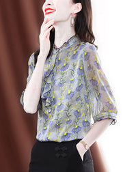 Fashion O-Neck Ruffled Print Silk Shirts Half Sleeve