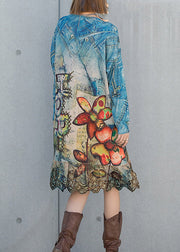 Fashion O-Neck Ruffles Patchwork Print Knit Dresses Long sleeve