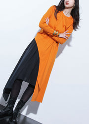 Fashion Orange Asymmetrical Design Patchwork Tie Waist Maxi Top Fall