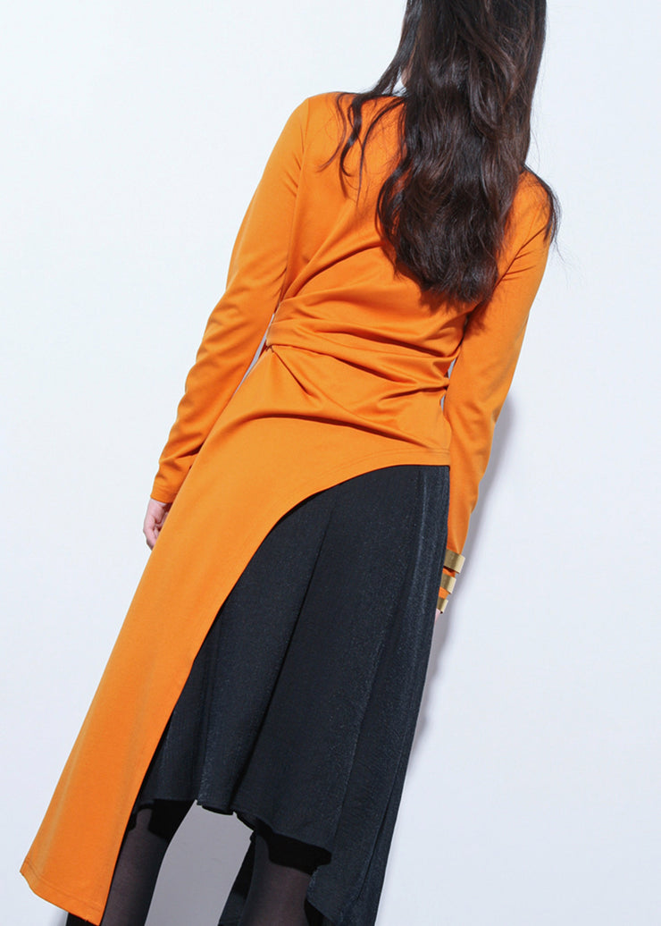 Fashion Orange Asymmetrical Design Patchwork Tie Waist Maxi Top Fall