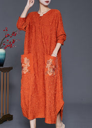 Fashion Orange Embroidered Wrinkled Silk Ankle Dress Fall