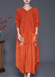 Fashion Orange Embroidered Wrinkled Silk Ankle Dress Fall