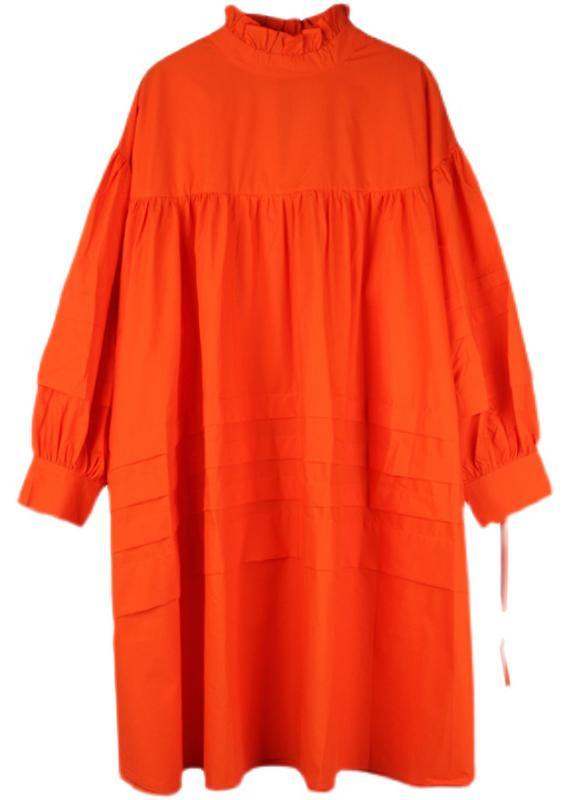 Fashion Orange Long sleeve Spring Cotton Dress - SooLinen