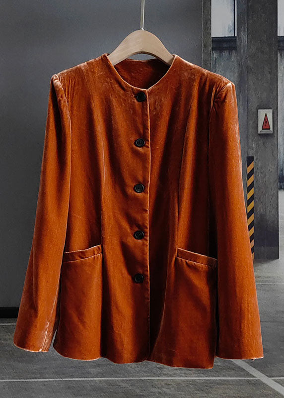 Fashion Orange O-Neck Button Patchwork Silk Velour Coats Spring