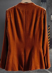 Fashion Orange O-Neck Button Patchwork Silk Velour Coats Spring