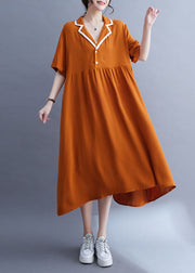 Fashion Orange Peter Pan Collar Wrinkled Patchwork Ice Silk Dress Summer
