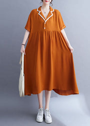 Fashion Orange Peter Pan Collar Wrinkled Patchwork Ice Silk Dress Summer