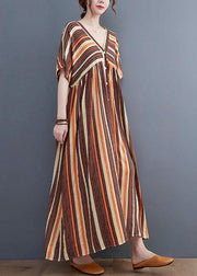 Fashion Orange Striped V Neck Patchwork Holiday Cotton Linen Dress - SooLinen