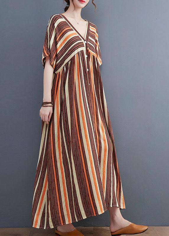 Fashion Orange Striped V Neck Patchwork Holiday Cotton Linen Dress - SooLinen