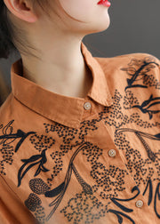 Fashion Orange Turn-down Collar Embroidered Cotton Shirt Top Long Sleeve