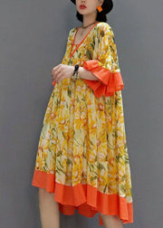 Fashion Orange V Neck wrinkled Print Chiffon Dress flare sleeve