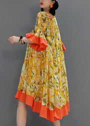 Fashion Orange V Neck wrinkled Print Chiffon Dress flare sleeve