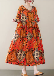 Fashion Orange Wrinkled Print Exra Large Hem Cotton Holiday Dress Short Sleeve