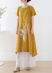 Fashion Orange phoenix Embroideried Linen side open Summer Long Dress - SooLinen