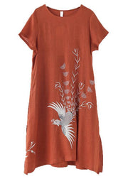 Fashion Orange phoenix Embroideried Linen side open Summer Long Dress - SooLinen
