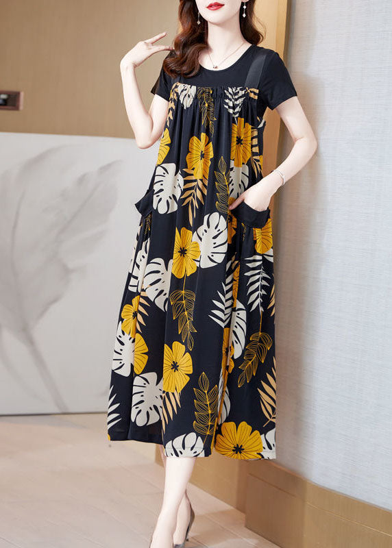 Fashion Oversized Floral Print Silk A Line Strap Dresses Summer