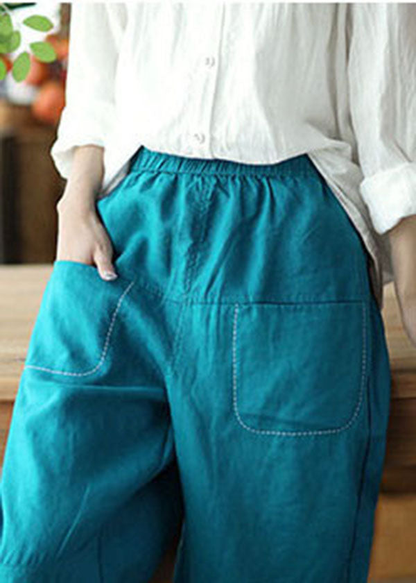 Fashion Peacock Blue Elastic Waist Patchwork Linen Harem Pants Summer