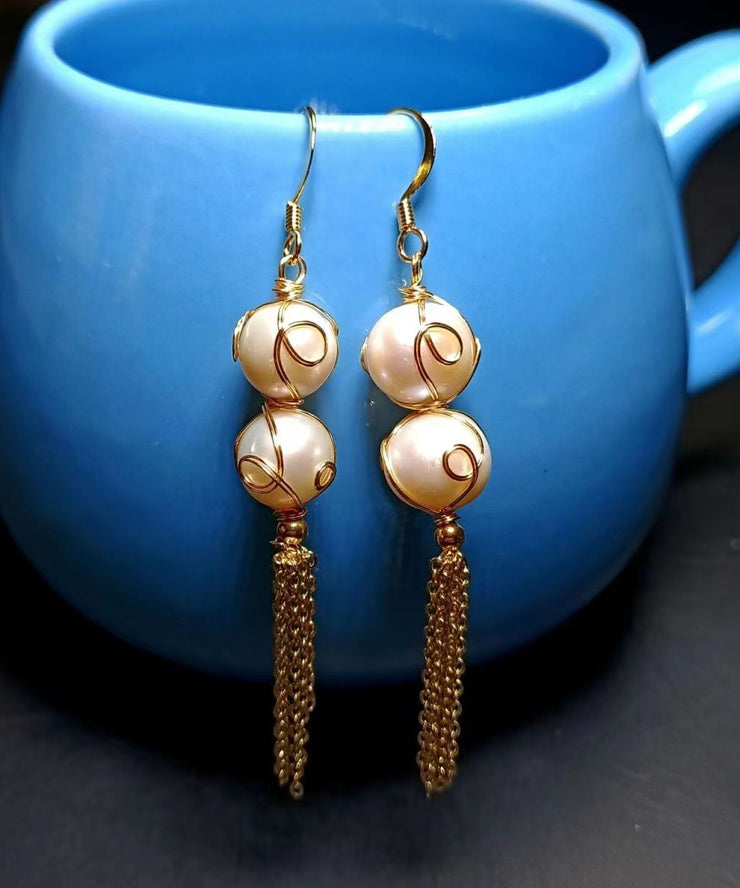 Fashion Pearl Tassel 14K Gold Drop Earrings