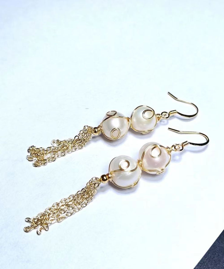 Fashion Pearl Tassel 14K Gold Drop Earrings