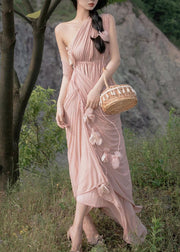 Fashion Pink Asymmetrical Patchwork Floral Elastic Waist Maxi Dress Summer