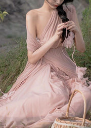 Fashion Pink Asymmetrical Patchwork Floral Elastic Waist Maxi Dress Summer